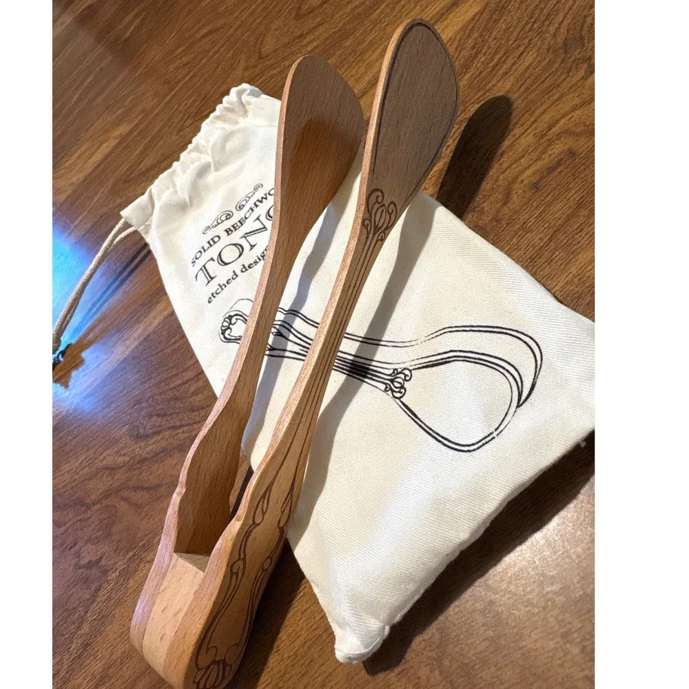Solid Beechwood Kitchen Tongs Etched Design Serving Utensil with Storage Bag New